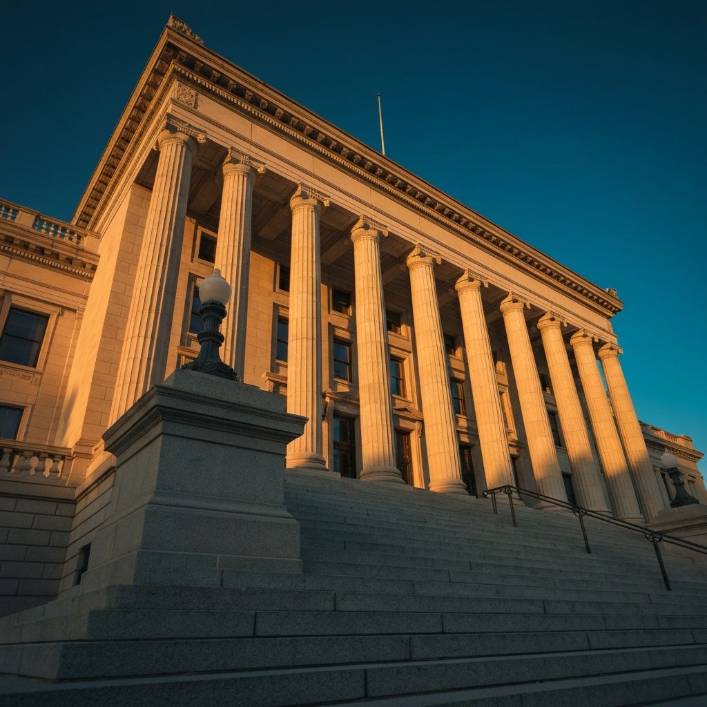 Grand courthouse building with stone columns representing the American justice system