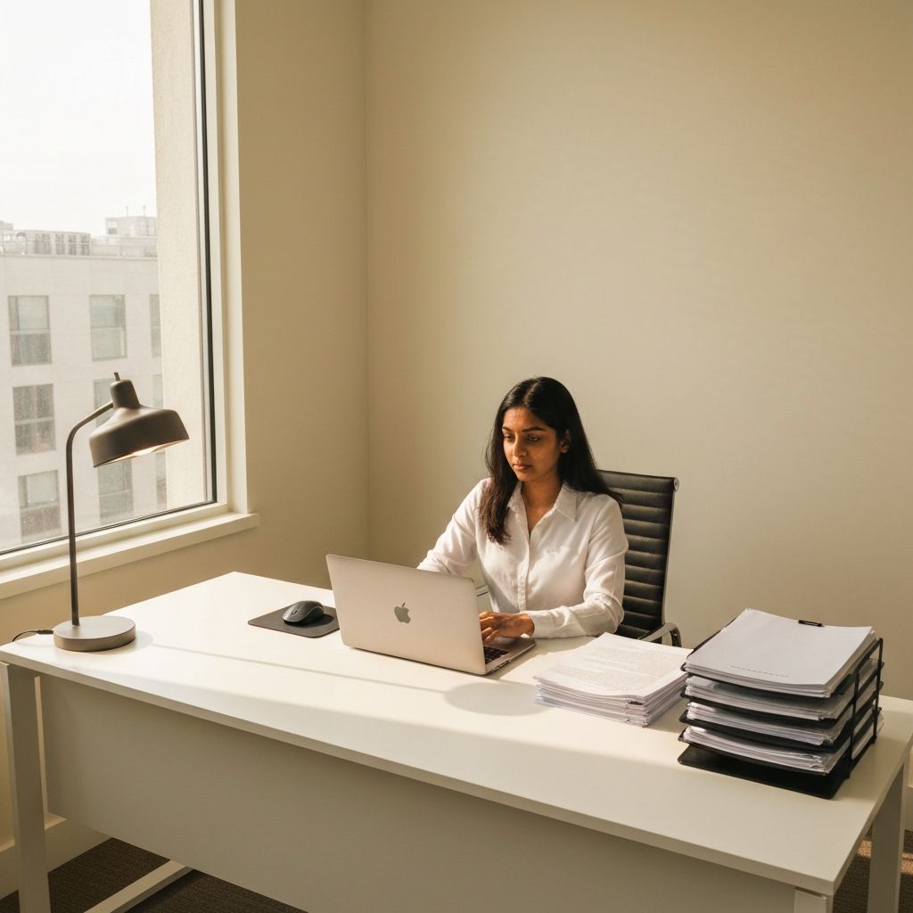Professional workspace with laptop displaying court e-filing interface and legal documents